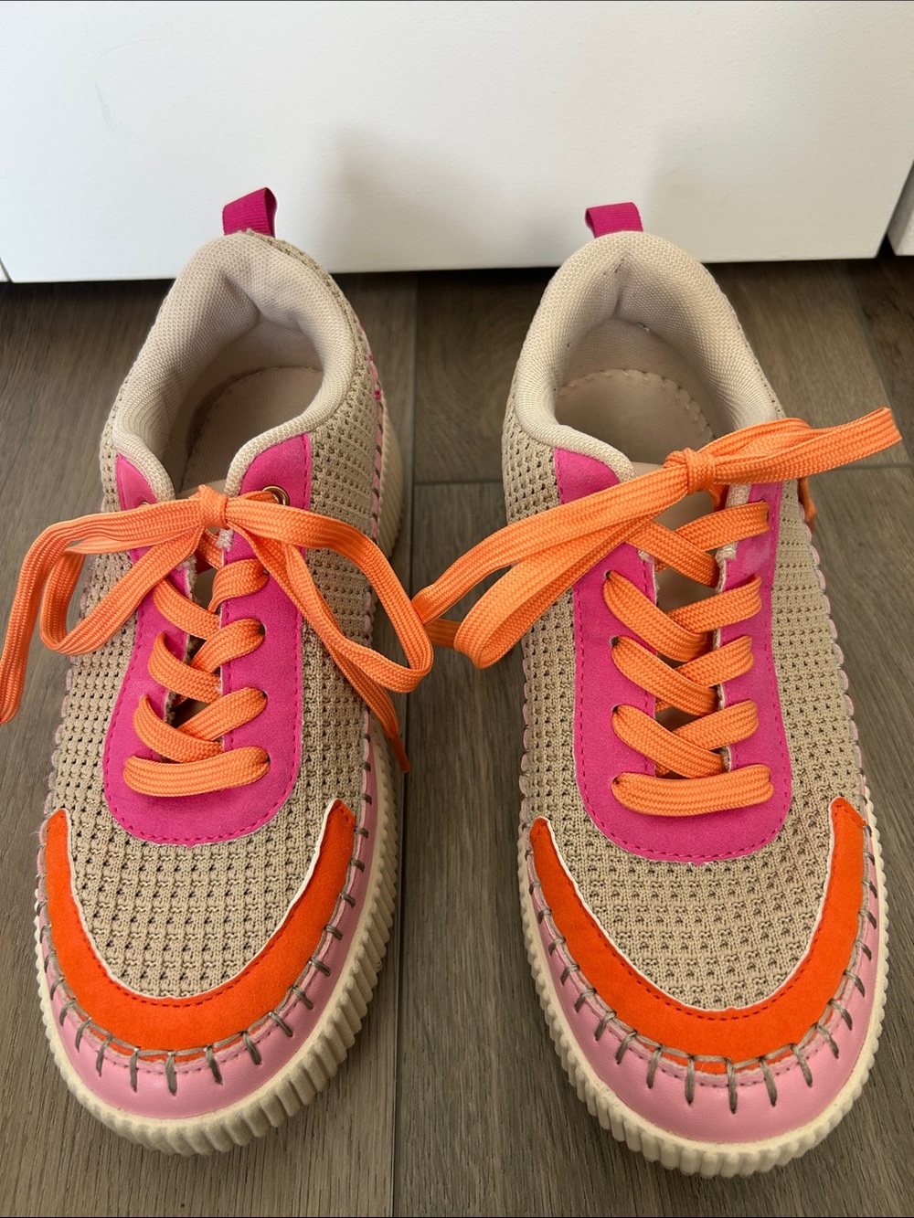 Nicole Miller Beige Knit Sneakers with Pink Panels and Orange Accents Size 7.5